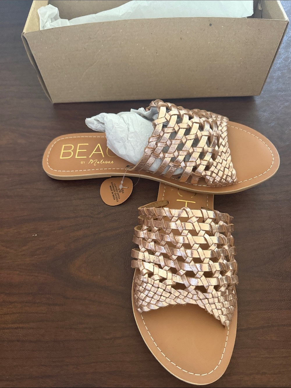 BEACH by Matisse Woven Slide Sandals in Rose Gold, narrow fit